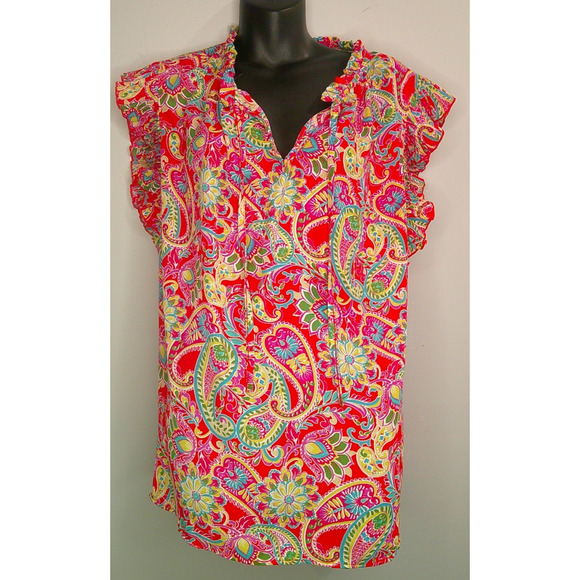 Chenault 1X Flutter Sleeve V-Neck Blouse Short Sleeve Paisley Floral - Picture 1 of 6
